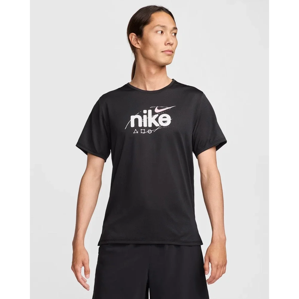 Nike Miler D.Y.E. Breathe Running Graphic T-Shirt Black Pink Med Performance NWT